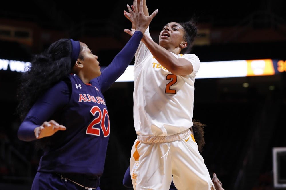 <p>Unique Thompson (20) defends during Auburn women's basketball vs. Tennessee on Feb. 14, 2019, in Knoxville, Tenn.</p>