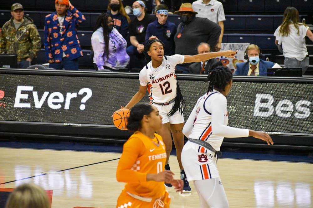 January 27, 2022; Auburn, Alabama; Mar'shaun Bostic (12) controls the offense in a match between Auburn and Tennessee in the Auburn Arena.