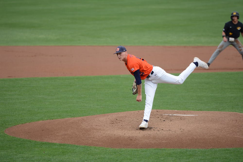 <p>Lefty Konnor Copeland throws during the second game of Auburn baseball's double header against Missouri on Friday, May 8.&nbsp;</p>