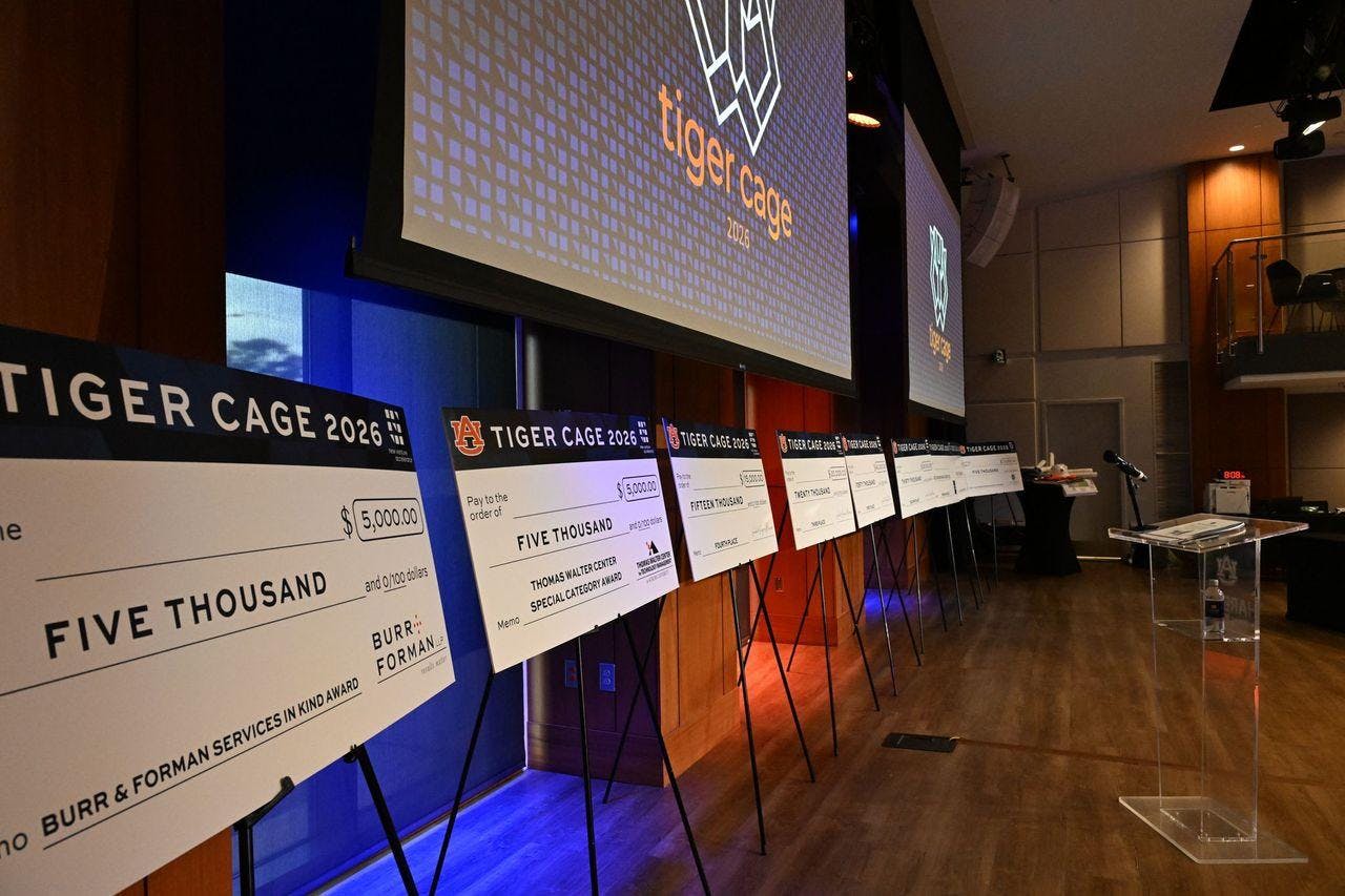 Rows of oversized novelty checks display various amounts and awards against a backdrop featuring a logo for "Tiger Cage 2026."