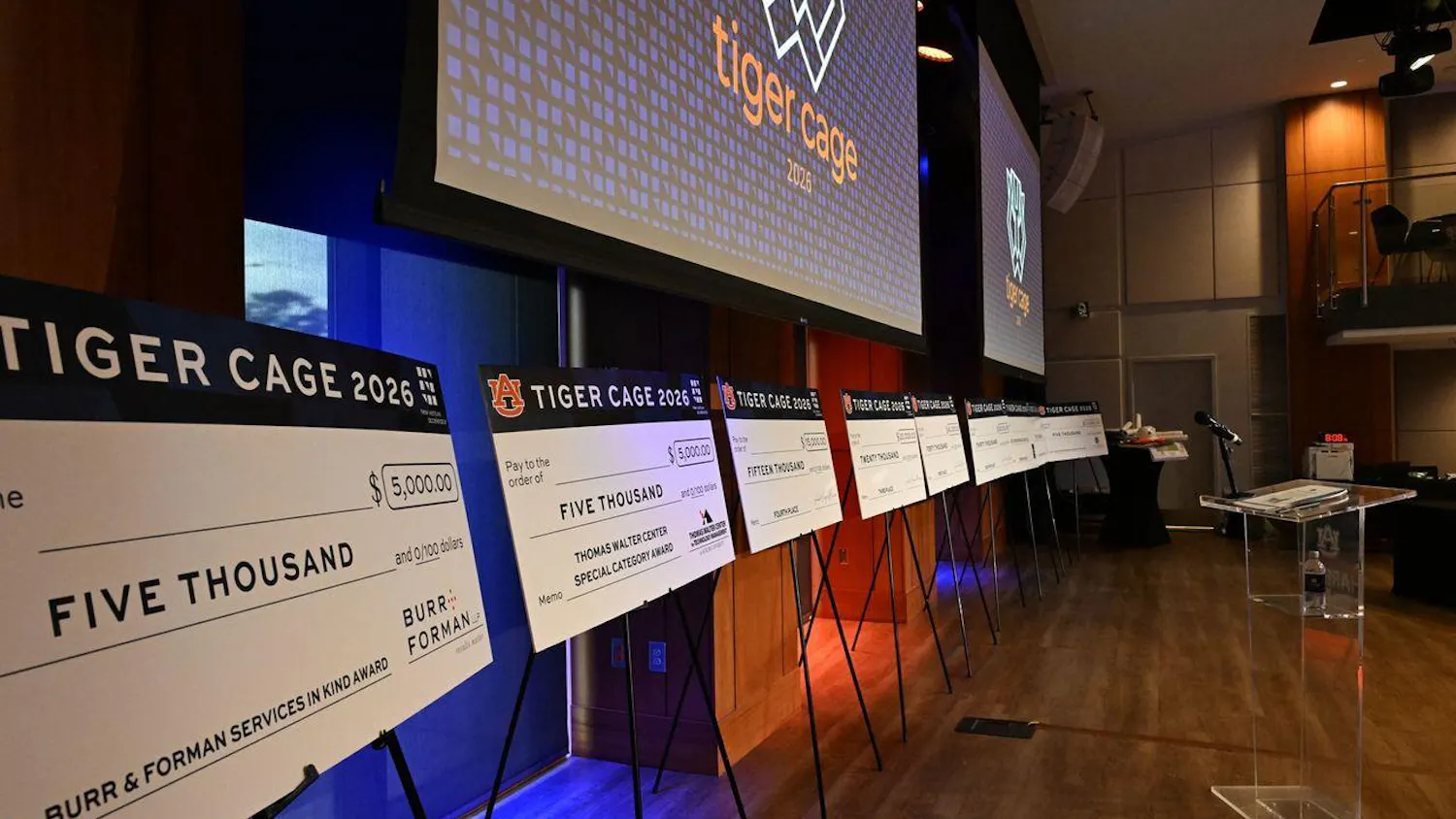 Rows of oversized novelty checks display various amounts and awards against a backdrop featuring a logo for "Tiger Cage 2026."