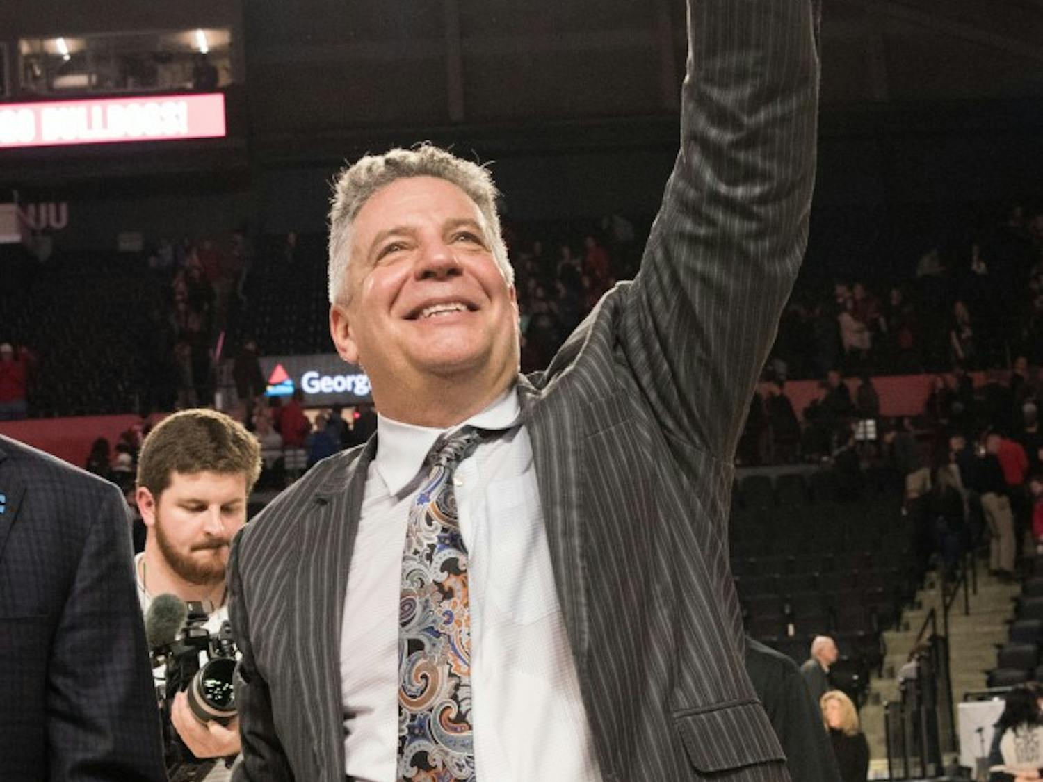 Head Coach Bruce Pearl celebrates after Auburn's 78-61 victory in Auburn Basketball vs. Georgia on Saturday, Feb. 10, 2018, at Stegeman Coliseum in Athens, Ga.