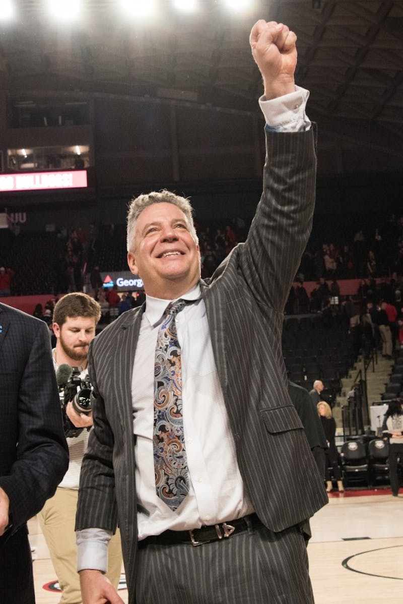 Head Coach Bruce Pearl celebrates after Auburn's 78-61 victory in Auburn Basketball vs. Georgia on Saturday, Feb. 10, 2018, at Stegeman Coliseum in Athens, Ga.