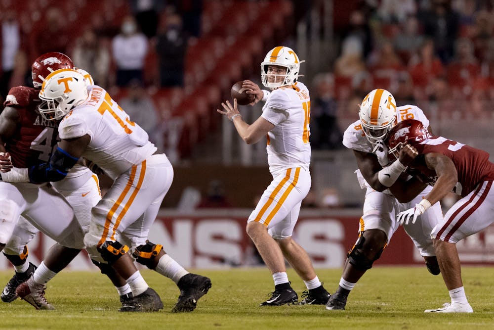FAYETTEVILLE, AR - NOVEMBER 07, 2020 - Quarterback Harrison Bailey #15 of the Tennessee Volunteers during the game between the Arkansas Razorbacks and the Tennessee Volunteers at Razorback Stadium in Fayetteville, AR. Photo By Andrew Ferguson/Tennessee Athletics
