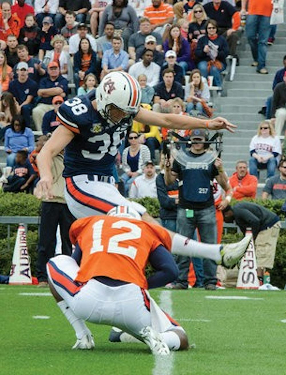 Redshirt freshman Daniel Carlson at the 2014 A-Day game where he earned special teams MVP. (Raye May / Photo Editor)