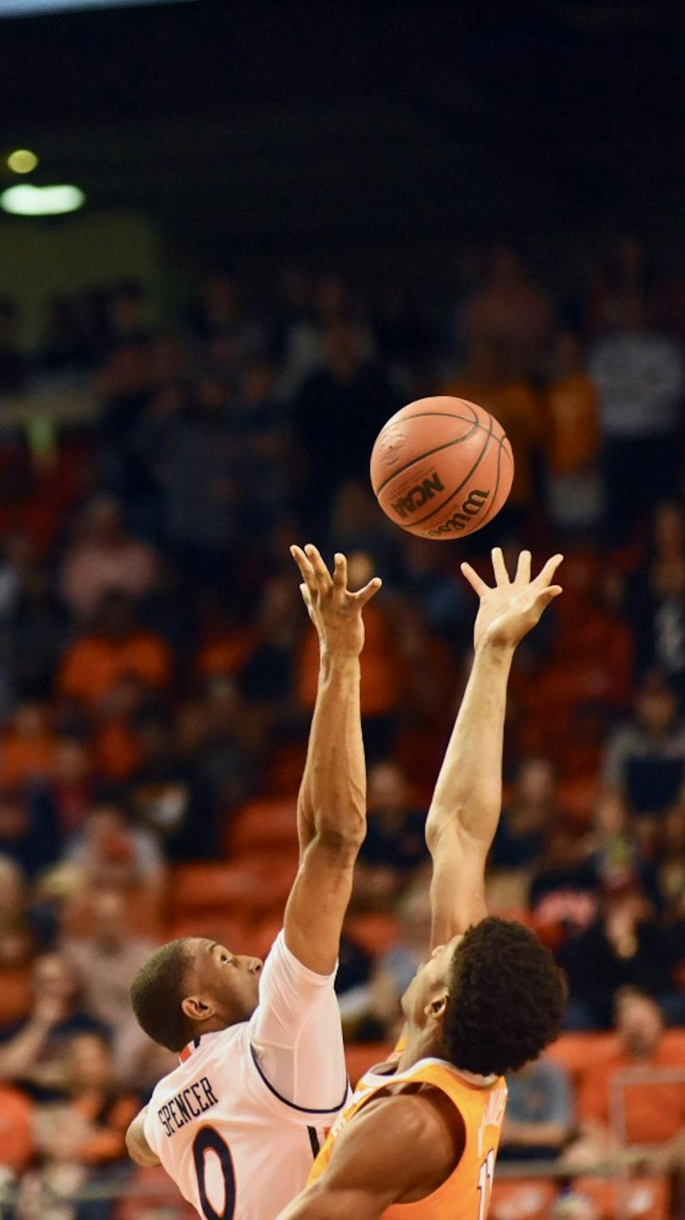 Horace Spencer (0) jumps for the tip off during Auburn Men's Basketball vs. Tennessee on Saturday, March 9, 2019, in Auburn, Ala. 