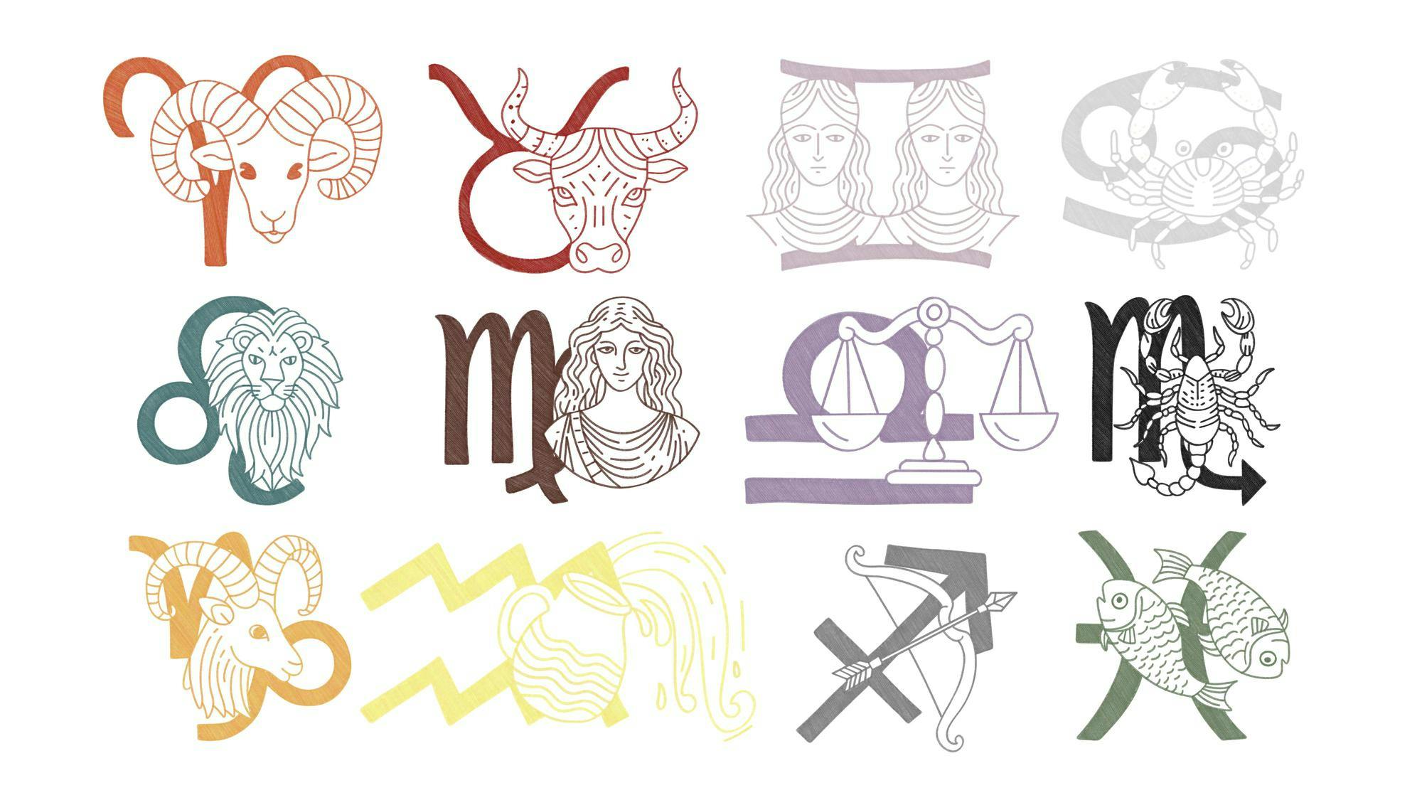 Twelve zodiac signs are illustrated, each represented by symbolic images and colors arranged in a grid format.