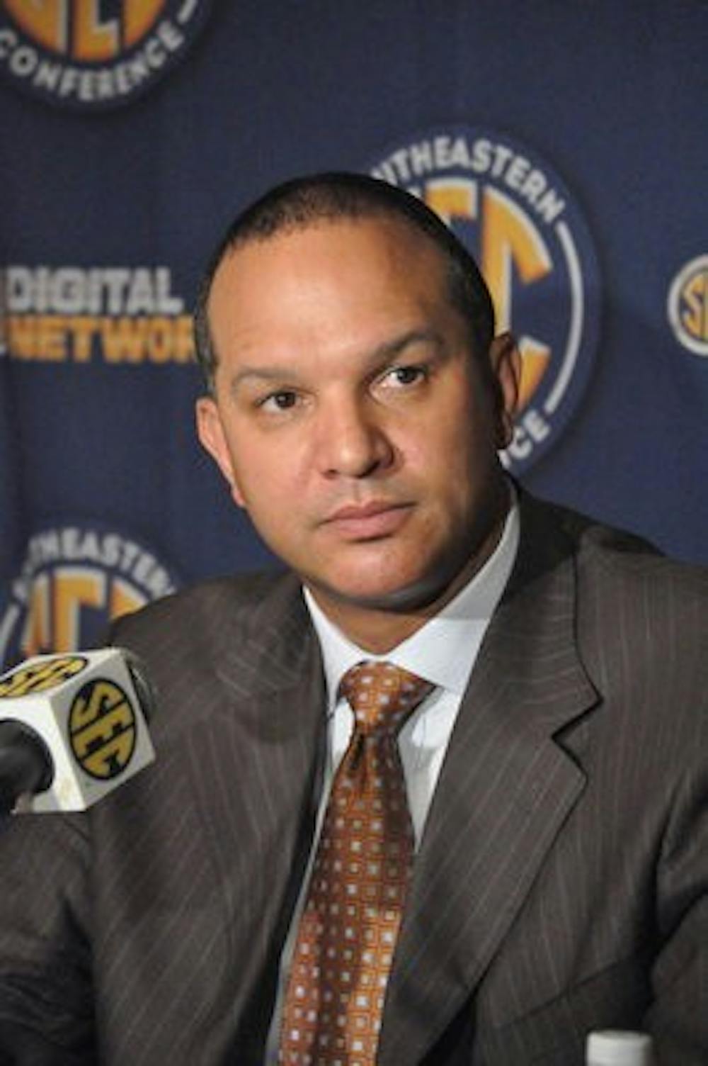 <p>Coach Tony Barbee addresses reporters at SEC Basketball Media Days Wednesday, Oct. 16.</p>