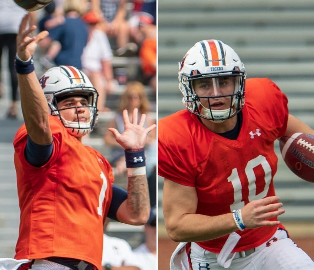 <p>Joey Gatewood (1, left) and Bo Nix (10, right) during Auburn football's A-Day spring game on April 13, 2019, in Auburn, Ala.</p>
