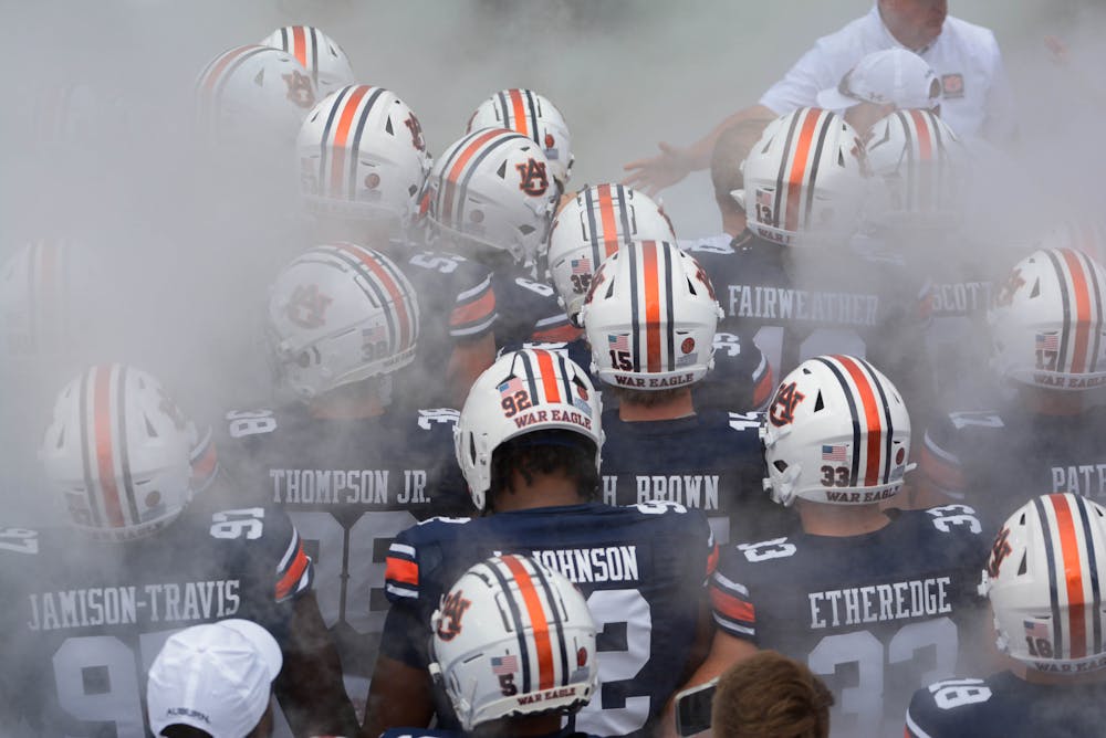 <p>Auburn players exit tunnel to fanfare at Jordan Hare Stadium on September 2nd, 2023.</p>