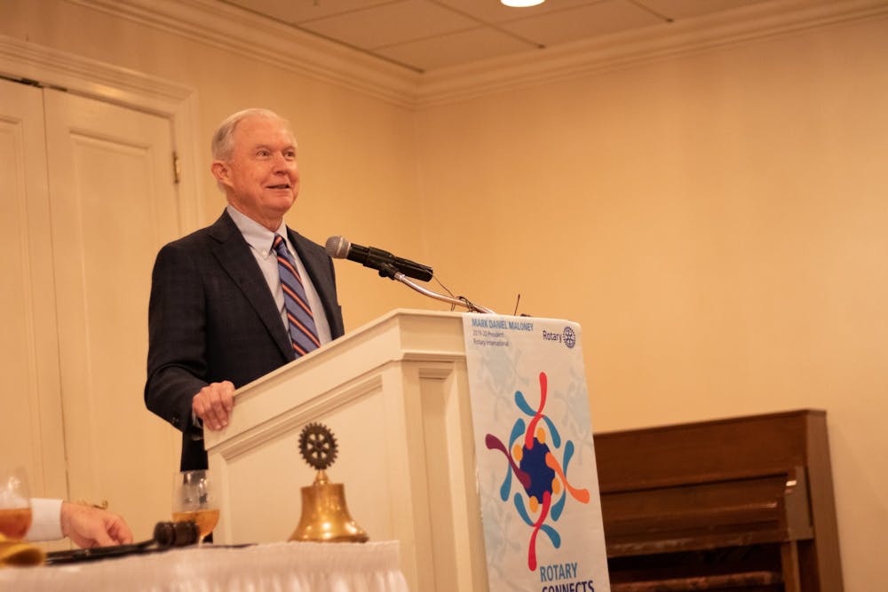 Former Attorney General Jeff Sessions speaks at Saugahatchee Country Club on Jan. 14, 2020 in Opelika, Ala.