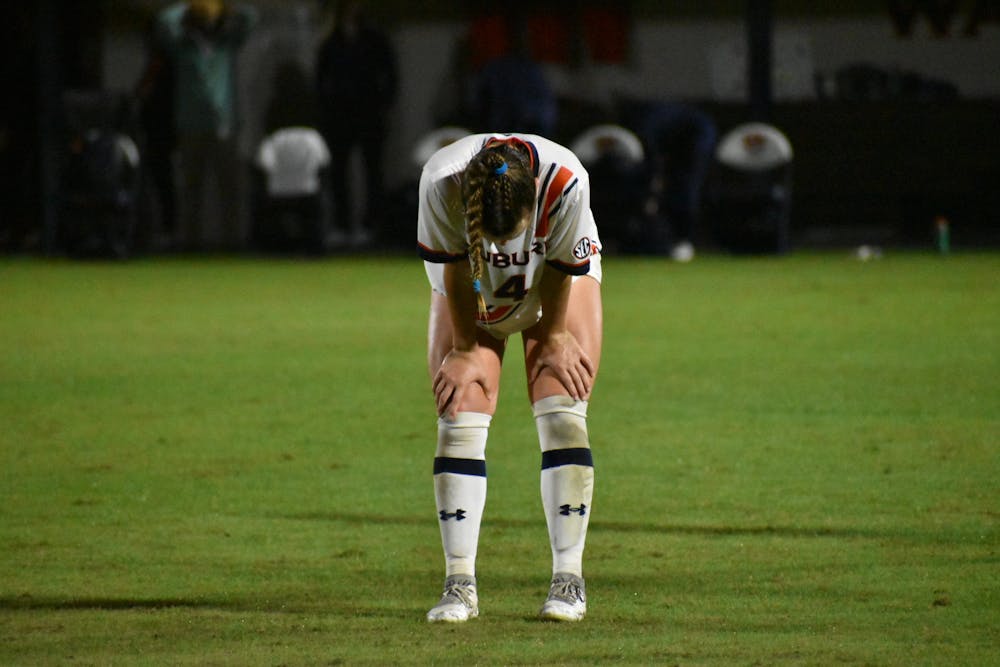 <p>Oct. 21, 2021; Auburn, AL, USA; Anna Haddock (4) looks dejected after falling at home to Arkansas.</p>