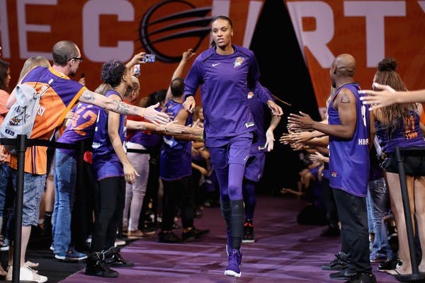 DeWanna Bonner of the Phoenix Mercury runs out onto the court on July 5, 2018, in Phoenix, Arizona.