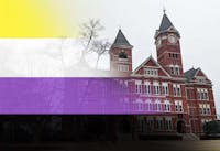 While Auburn University offers some resources for gender inclusivity, nonbinary students say more needs to be done. A photo illustration of the nonbinary flag draped over Samford Hall. 