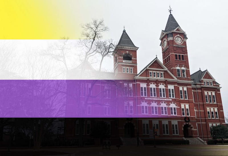 While Auburn University offers some resources for gender inclusivity, nonbinary students say more needs to be done. A photo illustration of the nonbinary flag draped over Samford Hall. 