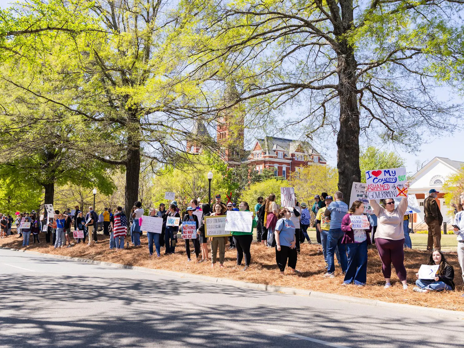 A crowd of people holds protest signs along a tree-lined street, with a historic building visible in the background.