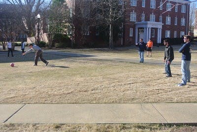 Campus Rec. and Resident Hall staff play a rousing game of kickball. (Kelsey Davis / INTRIGUE WRITER)