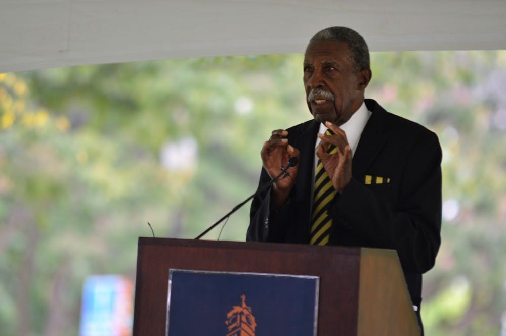 Harold A. Franklin speaks before the unveiling of the historical marker on Mary Martin Hall Greenspace commemorating the 1964 desegregation at Auburn University on Sept. 24, 2015.