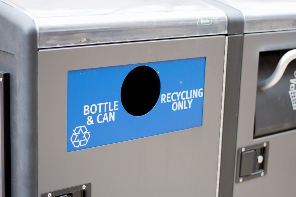 A recycling bin on campus in Auburn, Ala., on Friday, Jan. 26, 2018.