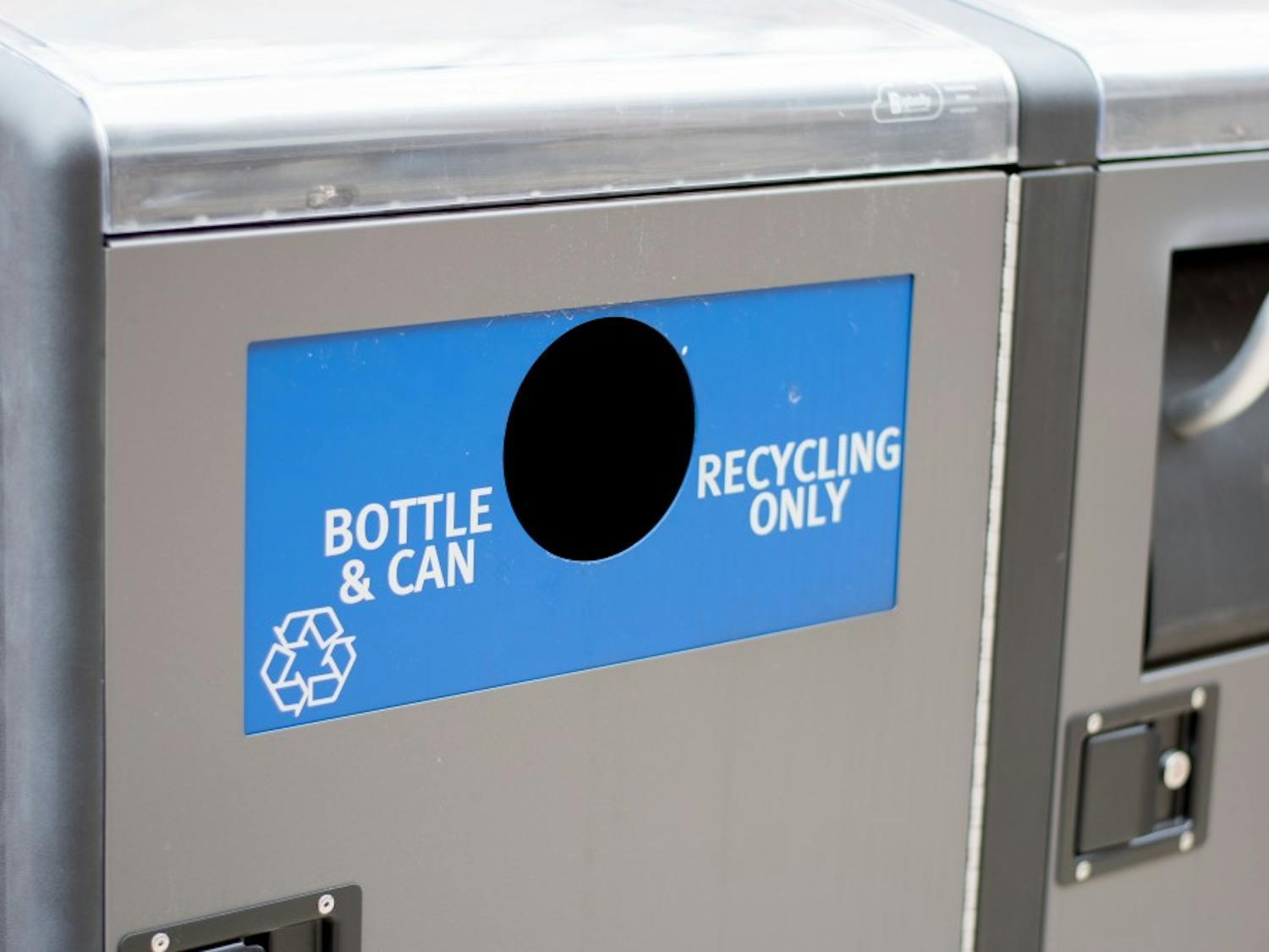 A recycling bin on campus in Auburn, Ala., on Friday, Jan. 26, 2018.