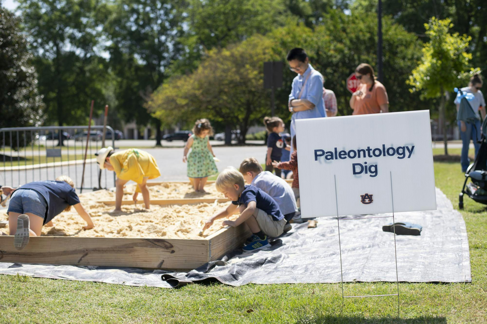 Children are digging in a sand pit, while adults observe nearby, with a sign indicating "Paleontology Dig."
