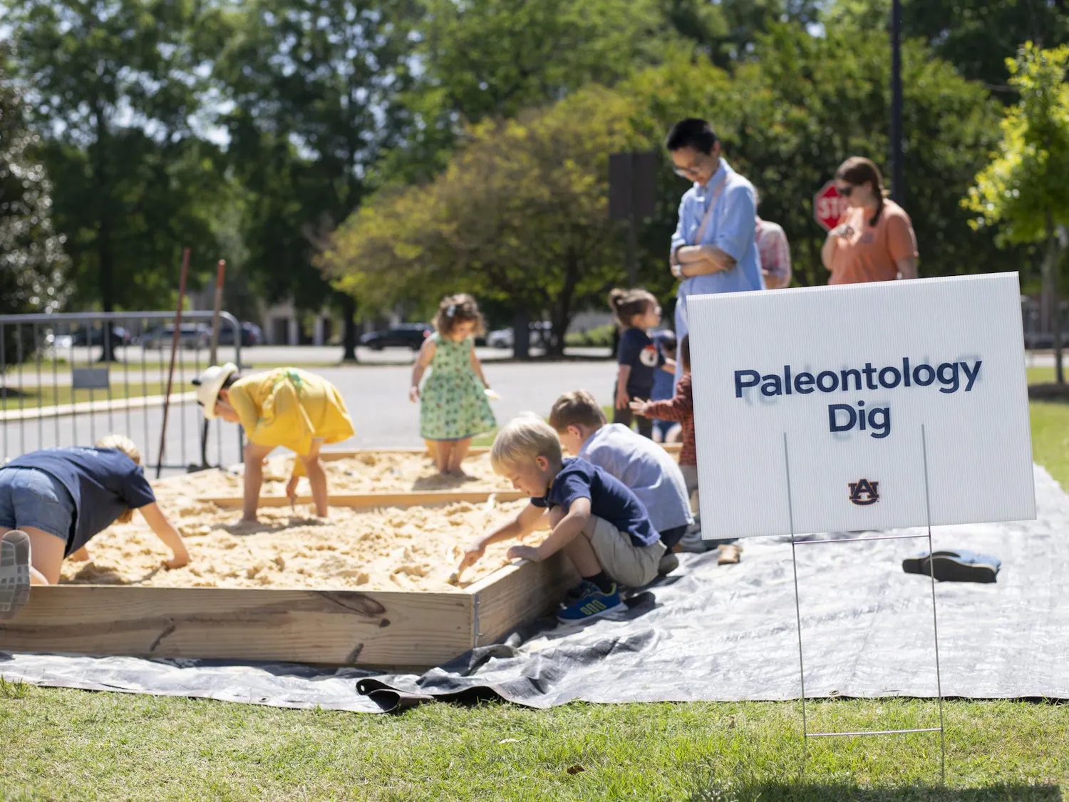 Children are digging in a sand pit, while adults observe nearby, with a sign indicating "Paleontology Dig."