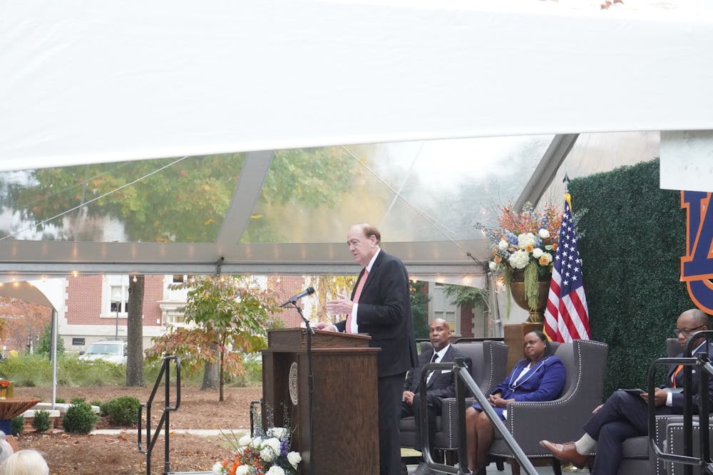 <p>President Jay Gogue speaks at the dedication of the Harold A. Franklin desegregation marker.&nbsp;</p>