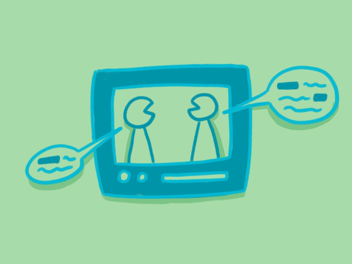 A stylized television screen shows two characters with blurred speech bubbles.
