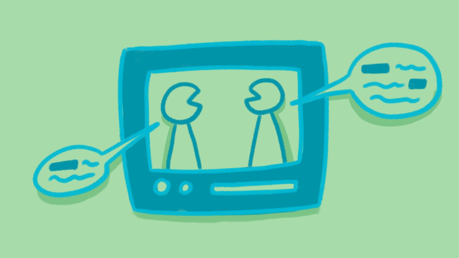 A stylized television screen shows two characters with blurred speech bubbles.