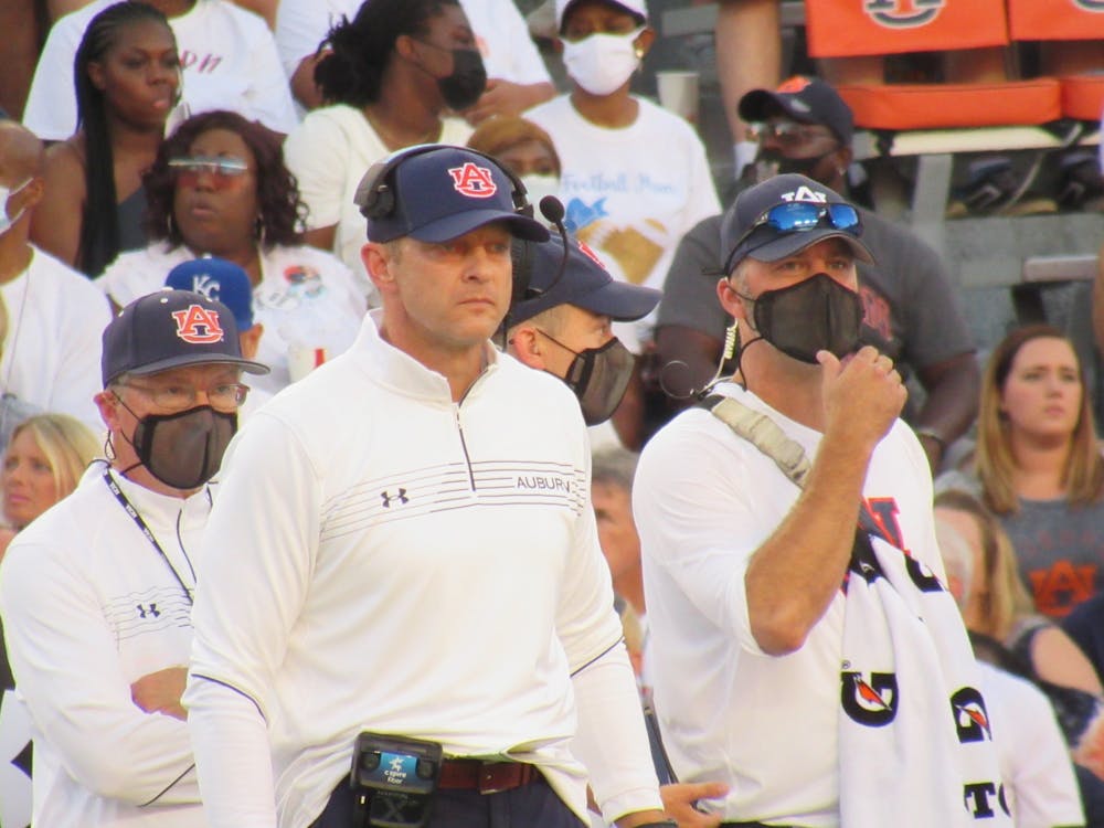 <p>Bryan Harsin coaches from the sideline in a game against Akron on Sept. 4, 2021, at Jordan-Hare Stadium in Auburn, Alabama.</p>