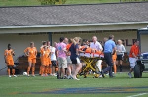 Auburn's 1-0 loss to No. 25 Tennessee Sunday, Oct. 7 was a physical showdown highlighted by an injury to Tennessee junior CC Cobb, seen here being carted off the field after heading a goal kick near midfield. Cobb was then taken to an unspecified hospital. (Danielle Lowe / ASSISTANT PHOTO EDITOR)