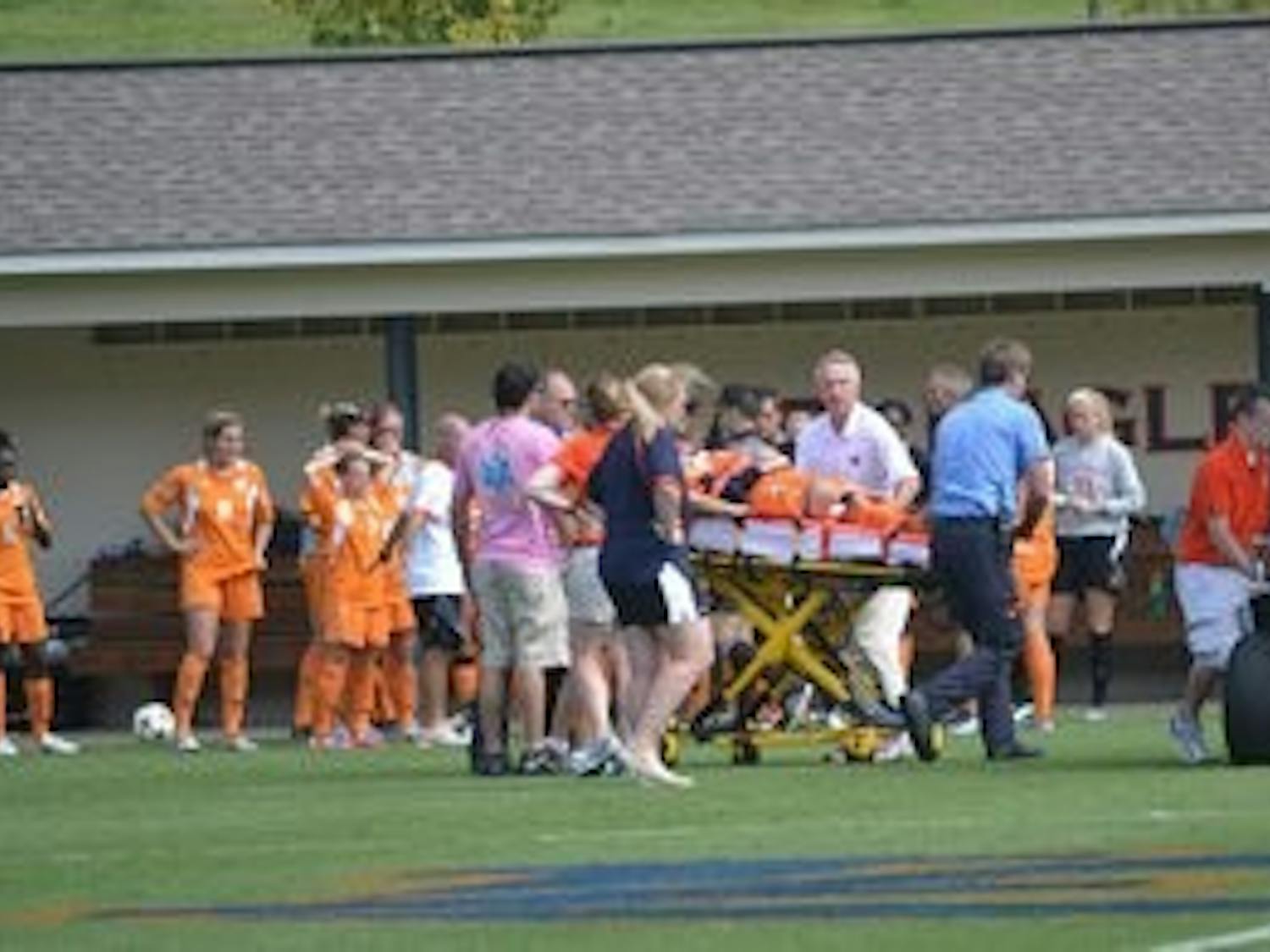 Auburn's 1-0 loss to No. 25 Tennessee Sunday, Oct. 7 was a physical showdown highlighted by an injury to Tennessee junior CC Cobb, seen here being carted off the field after heading a goal kick near midfield. Cobb was then taken to an unspecified hospital. (Danielle Lowe / ASSISTANT PHOTO EDITOR)