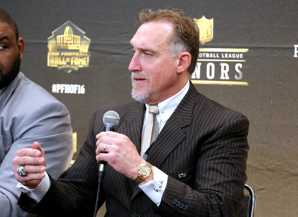 Former NFL player Kevin Greene, who will be inducted into the Pro Football Hall of Fame class of 2016, speaks in the Hall of Fame press room at the the 5th annual NFL Honors at the Bill Graham Civic Auditorium on Saturday, Feb. 6, 2016, in San Francisco. (Photo by Jack Dempsey/Invision for NFL/AP Images)