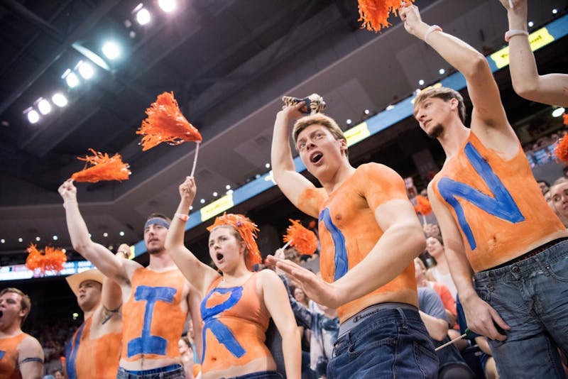 The "Gymnasties" cheer during Auburn Gymnastics vs. Alabama on Friday, Feb. 23, 2018 at Auburn Arena in Auburn, Ala.