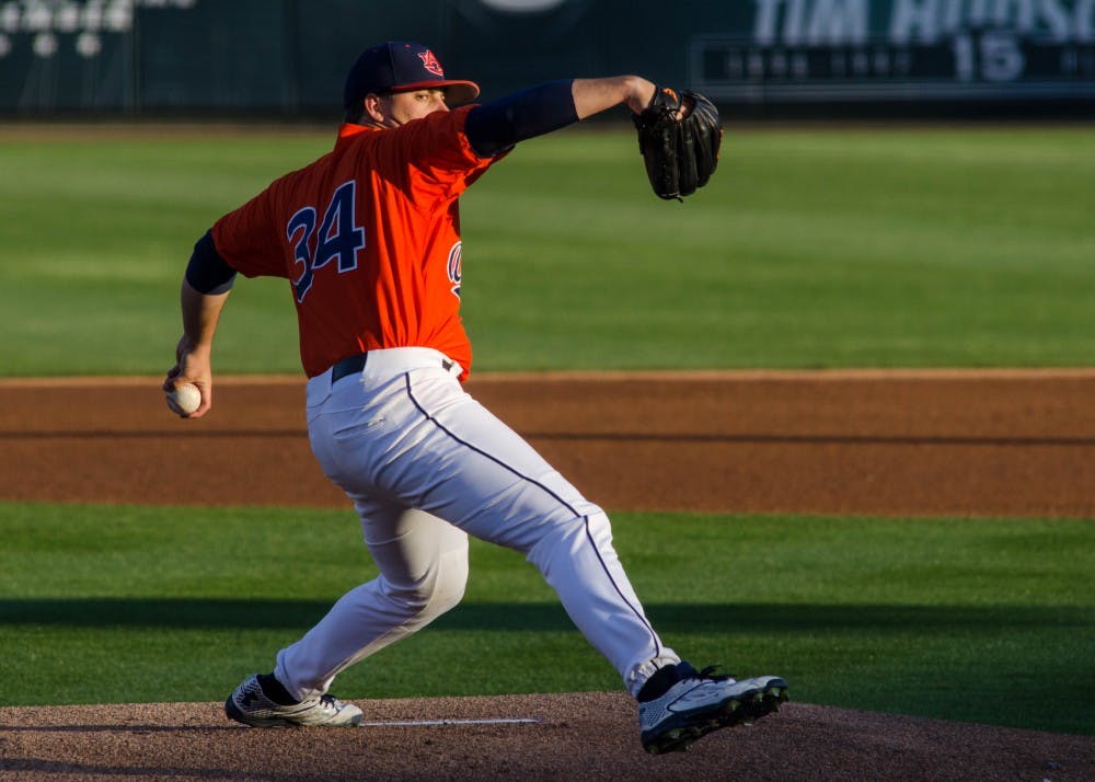 Ben Braymer (34) pitches during the Alabama State vs Auburn baseball game at Plainsman Park in Auburn, Ala., on Tuesday, March 23, 2016. Auburn defeated ASU 11-0.
