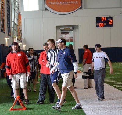 Malzahn exits spring practice on Friday, April 12. (Raye May / PHOTO EDITOR)