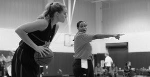 Auburn coach Terri Williams-Flournoy gives Blanche Alverson directions at the team's first fall practice Monday, Oct. 1. (Courtesy of Todd Van Emst)