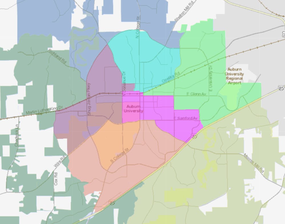 This map, shared online by the City of Auburn, shows a proposed redistricting of Auburn's eight City Council wards.