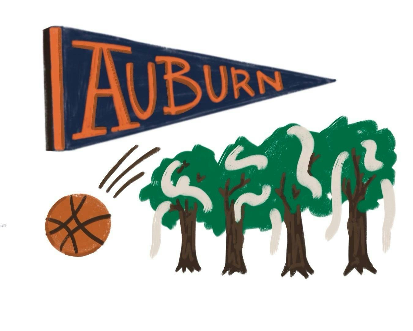 An Auburn pennant, alongside a basketball and trees rolled with toilet paper.