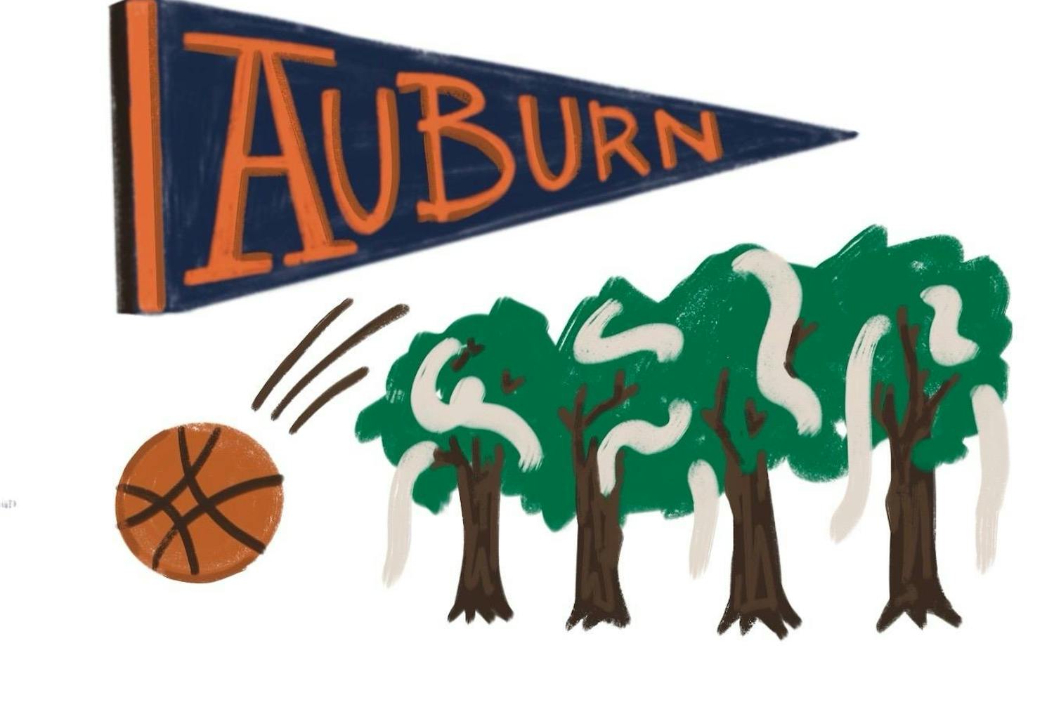 An Auburn pennant, alongside a basketball and trees rolled with toilet paper.