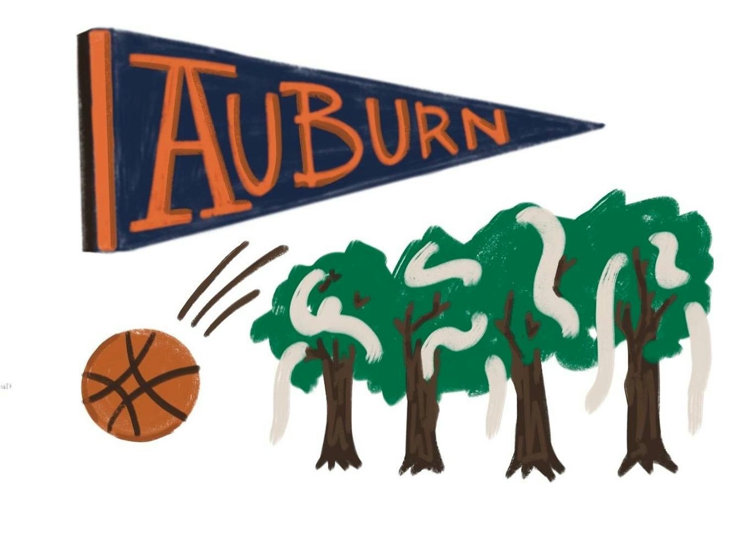 An Auburn pennant, alongside a basketball and trees rolled with toilet paper.