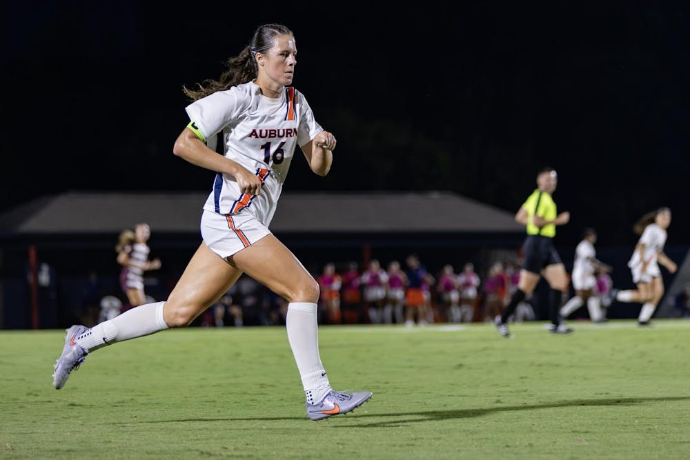 Dylan Driver (#16) runs to the ball during the soccer game versus Texas A&M at the Auburn Soccer Complex on Sept. 18, 2025.