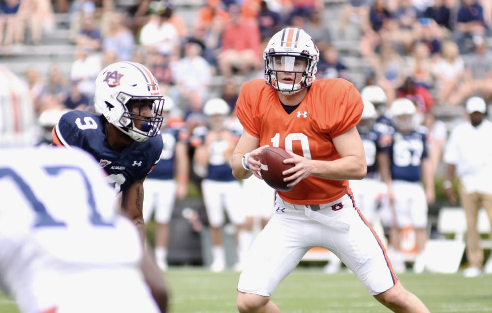 <p>Bo Nix (10) looks to throw during Auburn's 2019 A-Day spring game on April 13, 2019, in Auburn, Ala.</p>