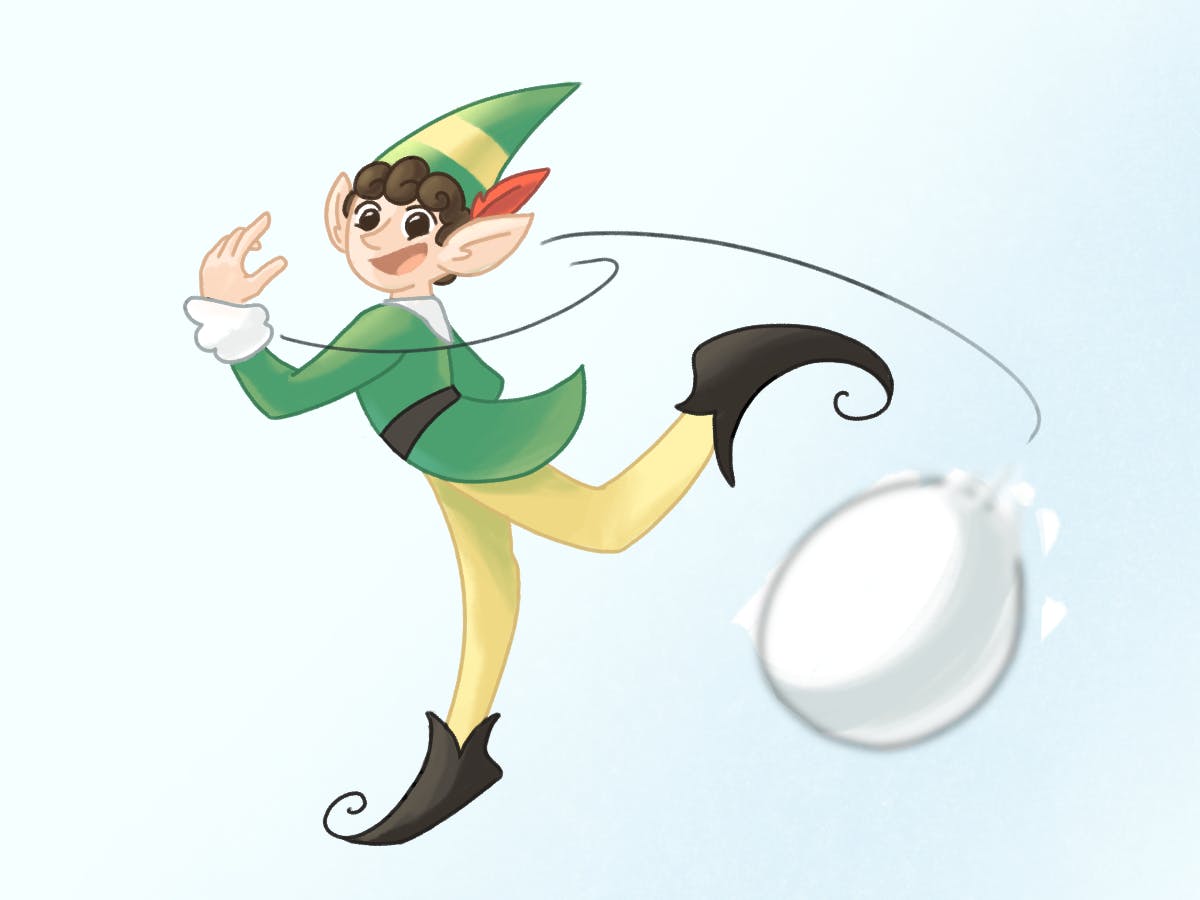 An illustration of Buddy, the main character from "Elf" movie, throwing a snowball.