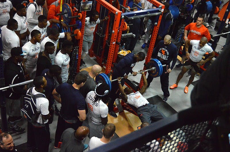 Quan Bray (4) begins bench press reps during Auburn's 2015 Pro Day on March 3, 2015.