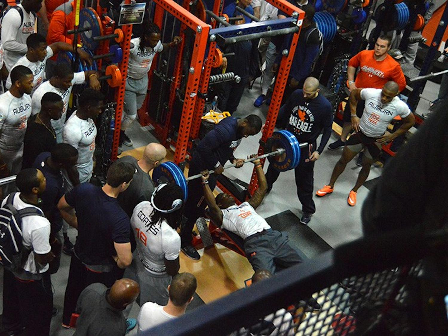 Quan Bray (4) begins bench press reps during Auburn's 2015 Pro Day on March 3, 2015.