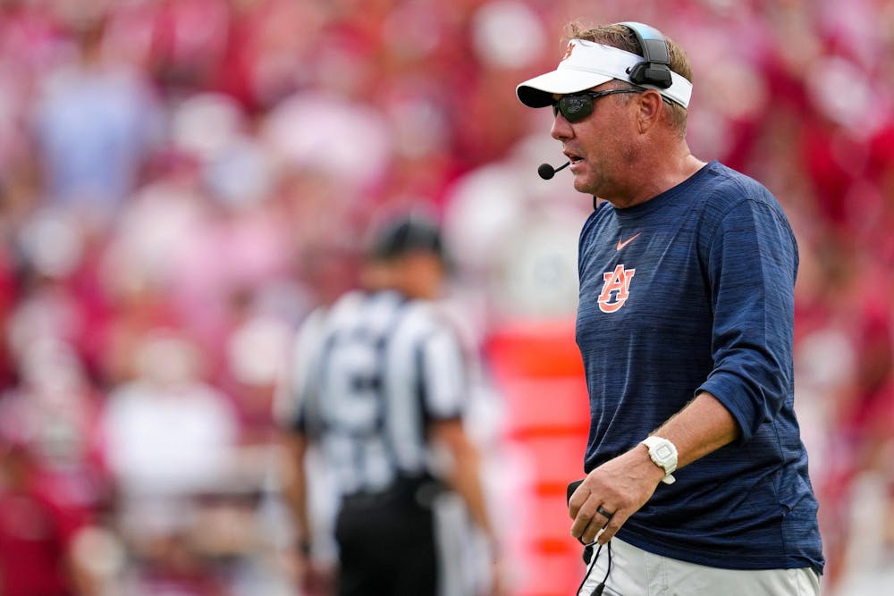 NORMAN, OK - SEPTEMBER 20 - Auburn Head Coach Hugh Freeze during the game between the #22 Auburn Tigers and the #11 Oklahoma Sooners at Gaylord Family Oklahoma Memorial Stadium in Norman, OK on Saturday, Sept. 20, 2025.

Photo by Austin Perryman/Auburn Tigers