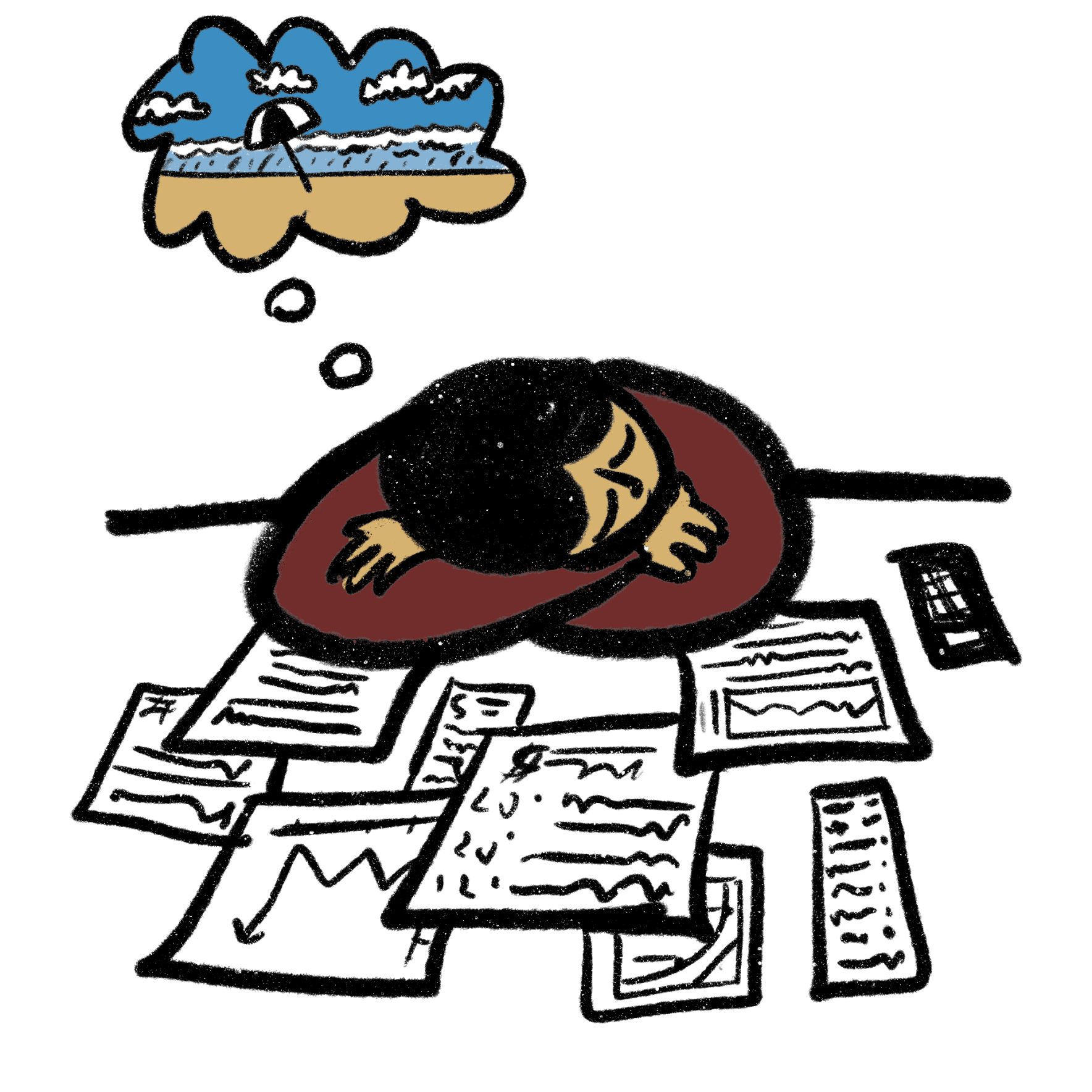 A student dreaming of the beach while sleeping on a desk with papers on it.