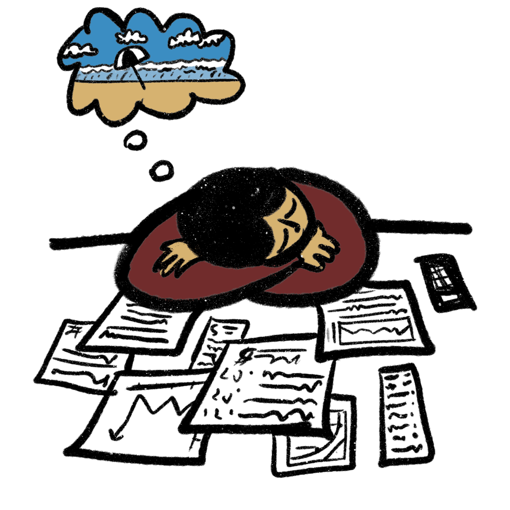 <p>A student dreaming of the beach while sleeping on a desk with papers on it.</p>