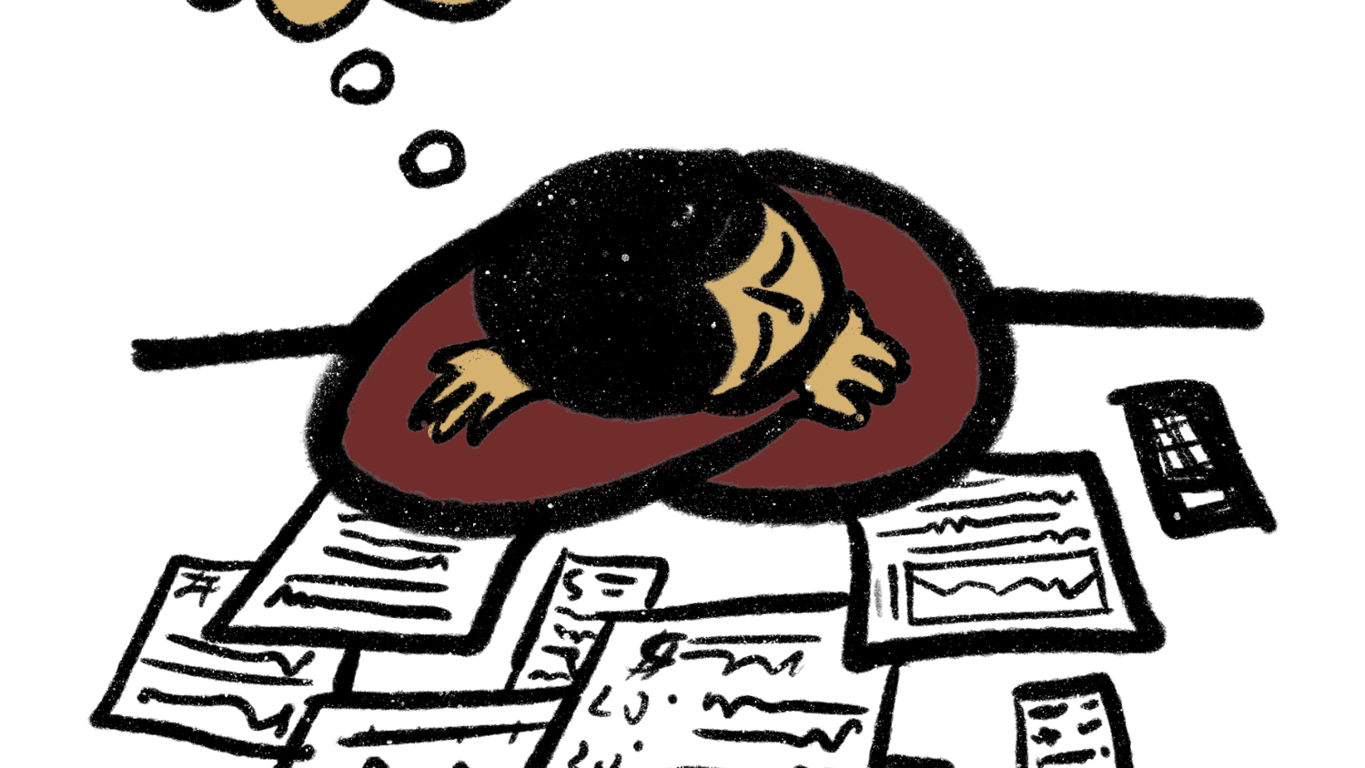 A student dreaming of the beach while sleeping on a desk with papers on it.